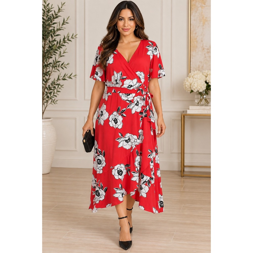 Lane Bryant 14/16 Red Floral Midi Dress Wrap Tie Waist Ruffle Plus Size Boho